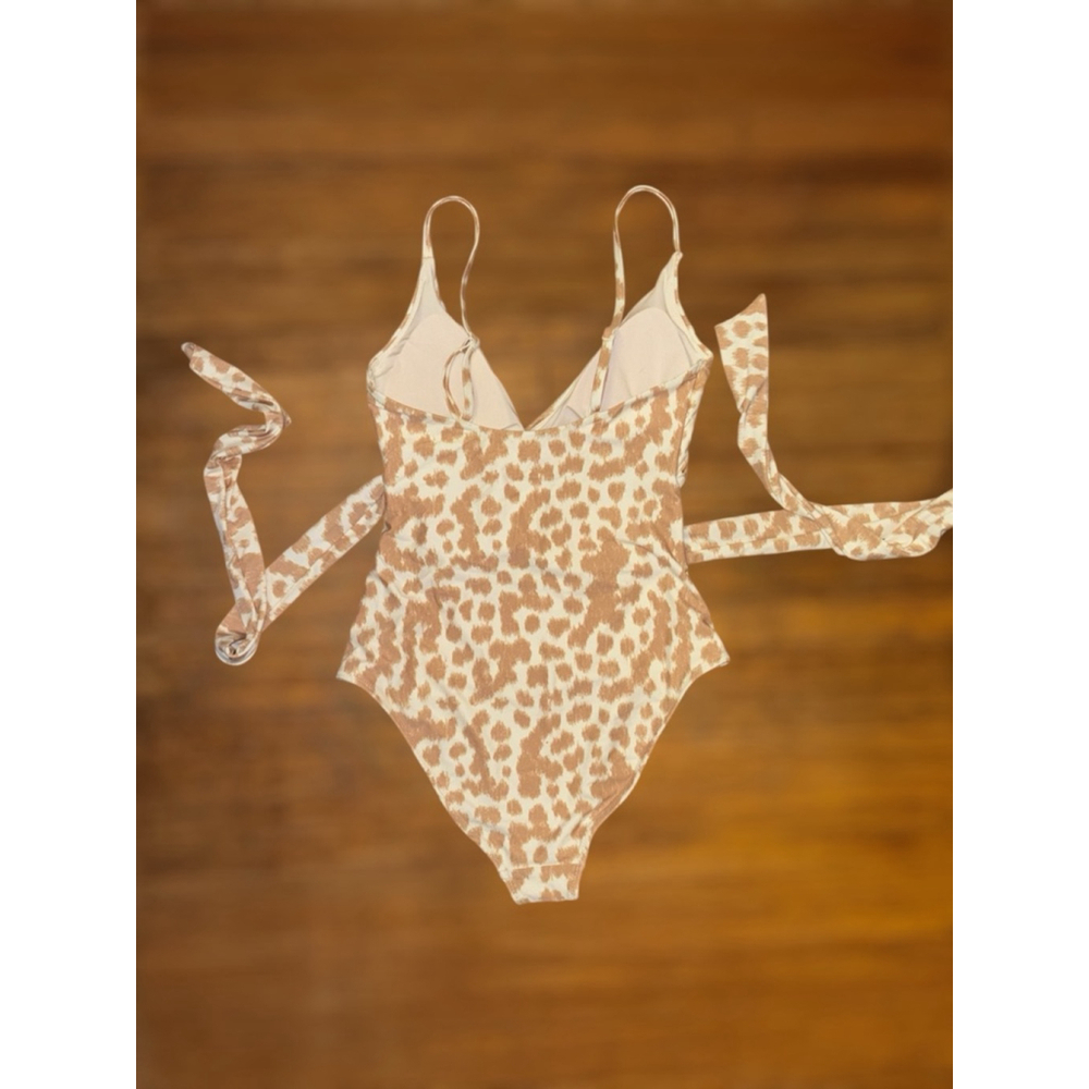 Aerie Women’s Size Small Cream Brown Animal Print Front Tie Cutout Wrap Swimsuit - Picture 3 of 12